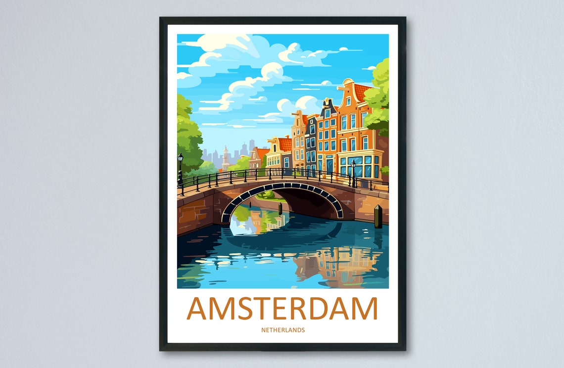 Amsterdam Netherlands Canal Bridge Gabled Houses Daytime Travel Poster