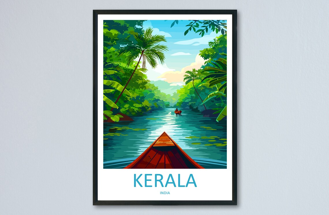 Kerala India Backwater Boat Lush Green Canal Scene Travel Poster