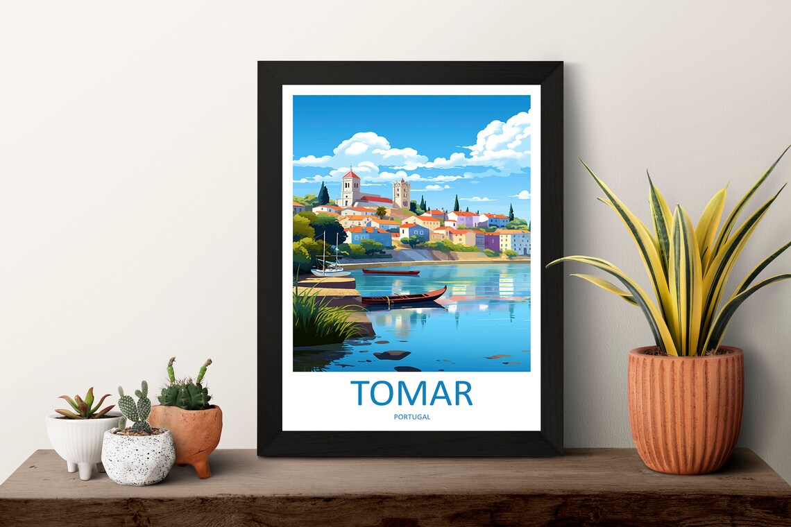 Tomar Portugal River Boats Waterfront Hilltop Old Town Travel Poster - Image 3