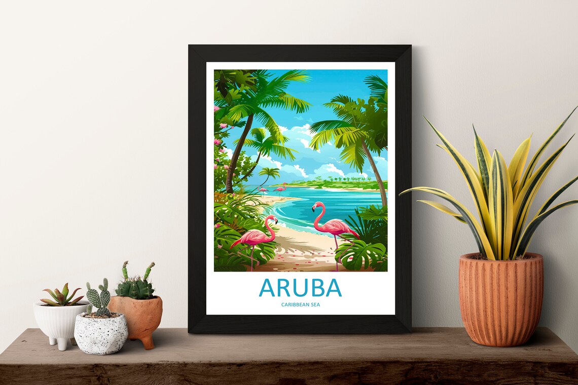 Aruba Caribbean Sea Flamingo Beach Palms Tropical Travel Poster - Image 3