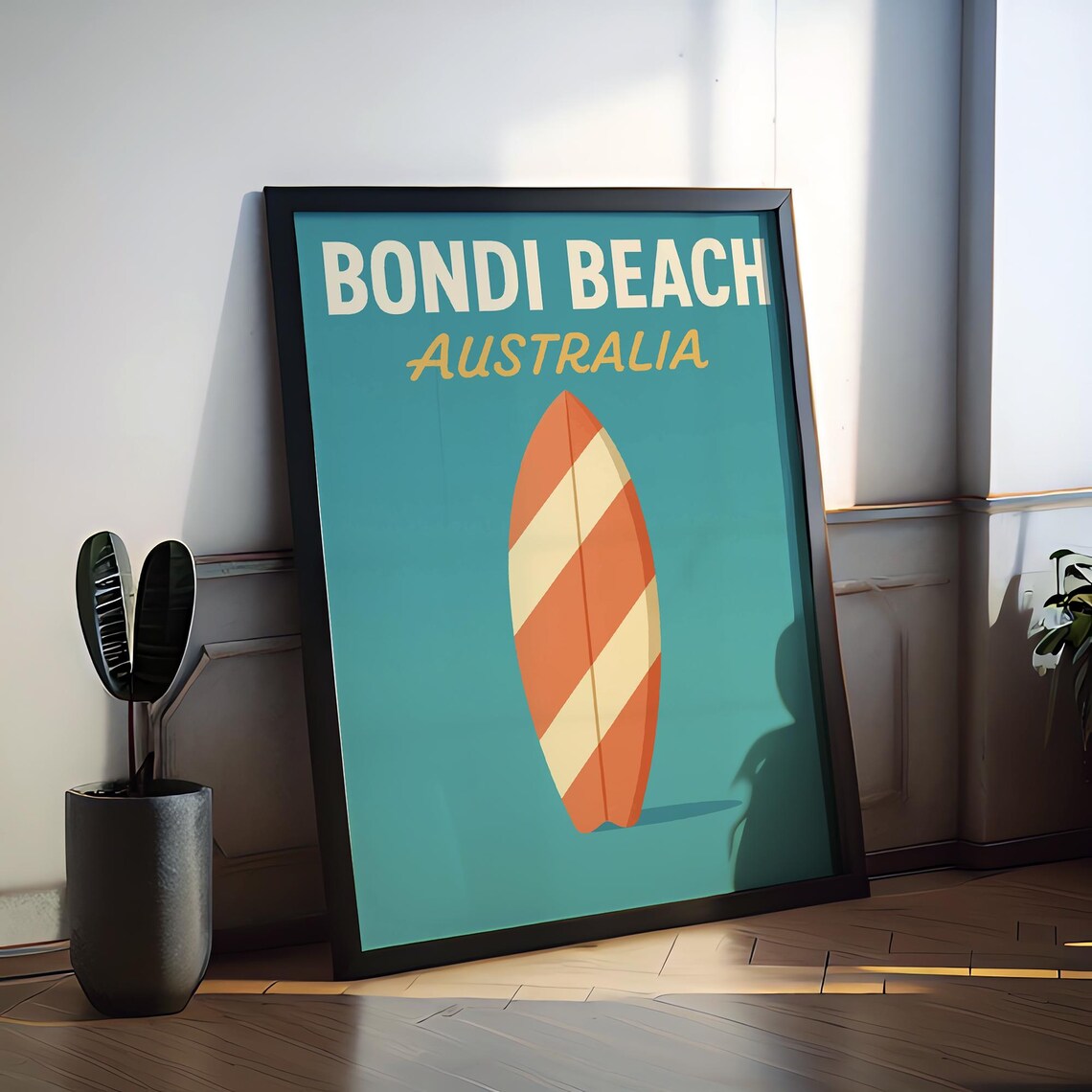 Bondi Beach Australia Striped Surfboard Surfer Retro Travel Poster