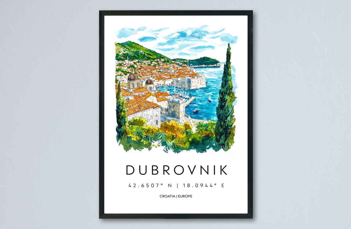 Dubrovnik Old Town Harbor and City Walls Watercolor Keepsake Poster
