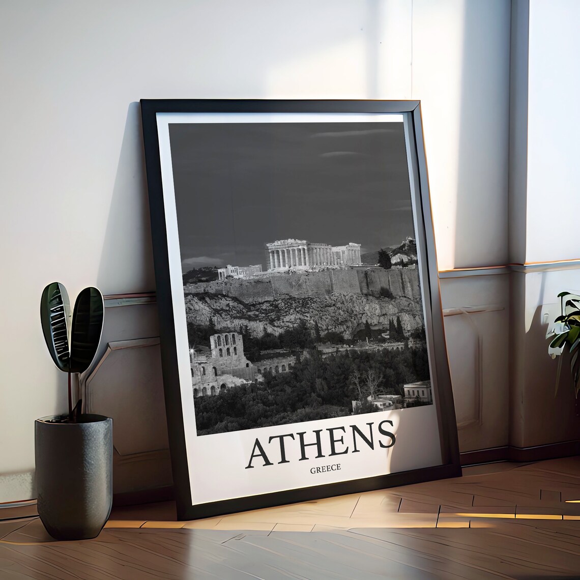 Athens Greece Illuminated Acropolis Night Black White Photo Wall Art - Image 2
