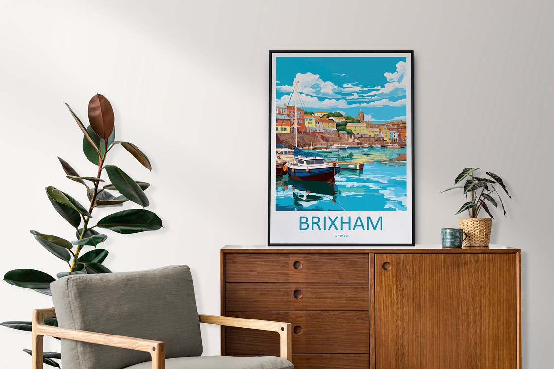Brixham Devon Fishing Harbour Colorful Boats Town View Poster - Image 2