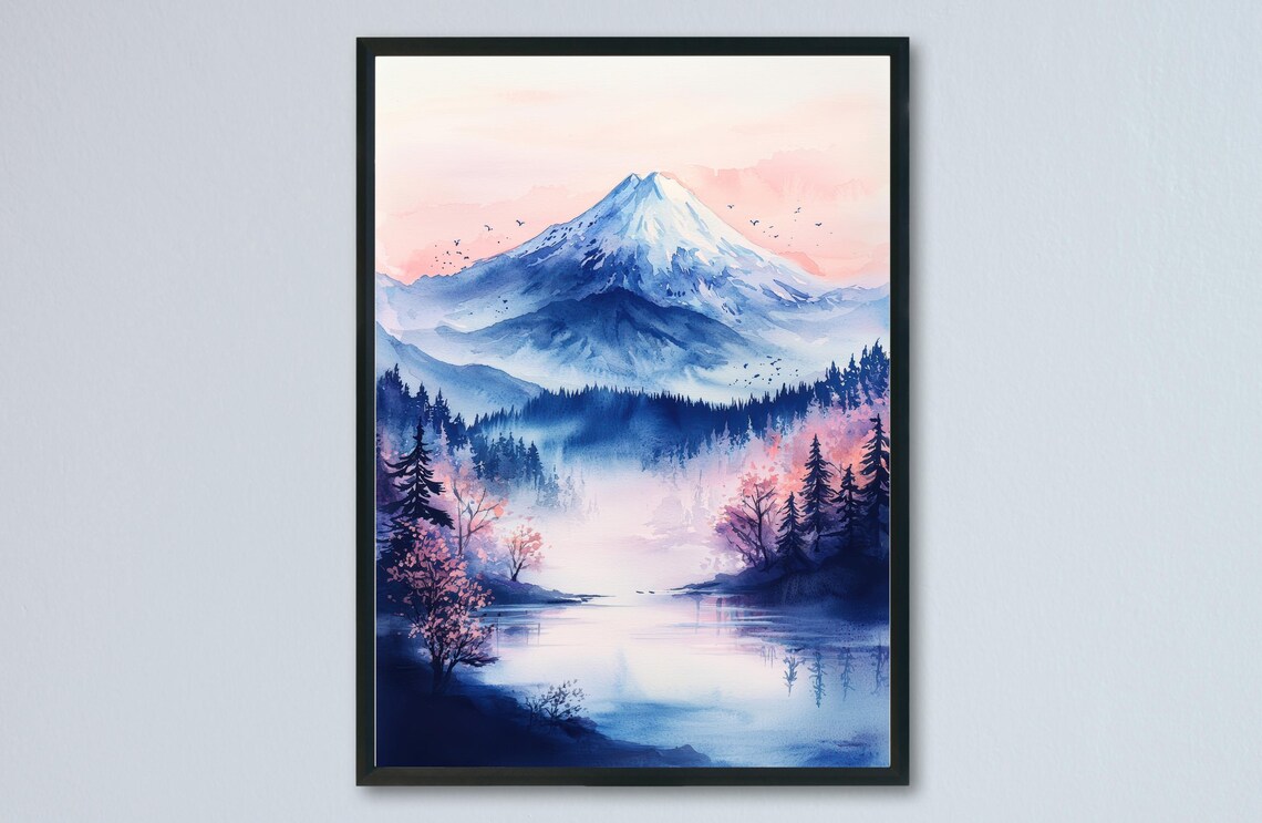 Mount Fuji Sunrise Watercolor Snow Peak Pink Sky Japan Art Poster