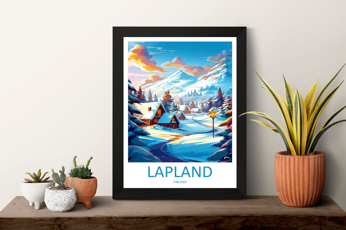 Lapland Finland Snowy Winter Village Sunset Mountains Travel Poster - Image 3