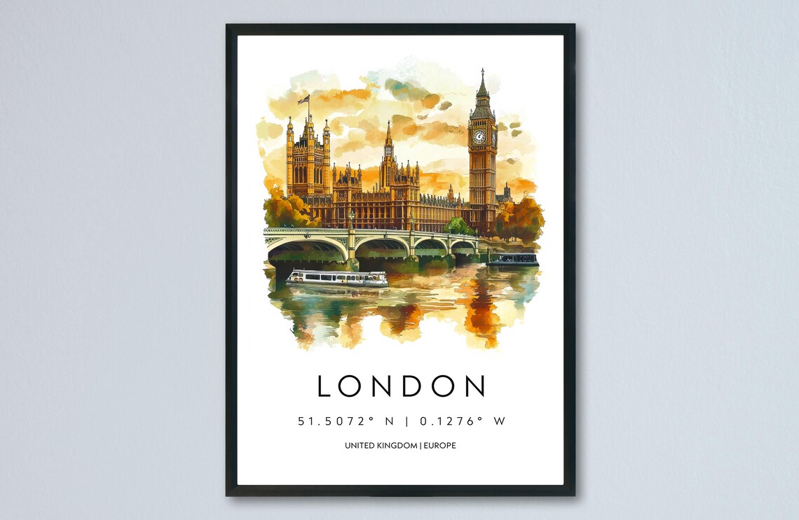 London England Big Ben Thames Watercolor Travel Souvenir Poster