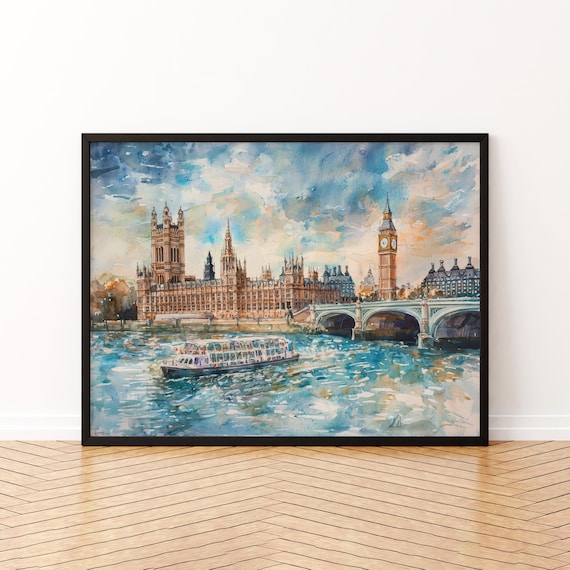 London Big Ben Watercolor Thames Parliament Bridge Travel Poster