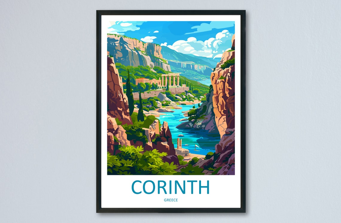 Corinth Ancient Temple Ruins in River Gorge Greece Travel Poster