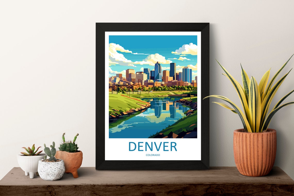Denver Colorado Downtown Skyline River Reflection Travel Poster - Image 3