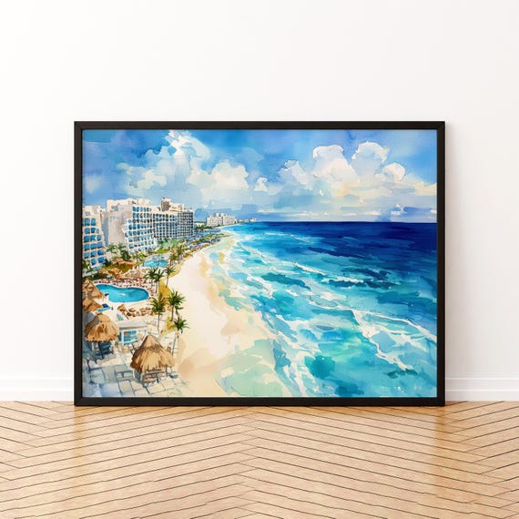 Cancn Mexico Watercolor Poster Travel Print Beach Landscape Painting Coastal Wall Art Caribbean Souvenir