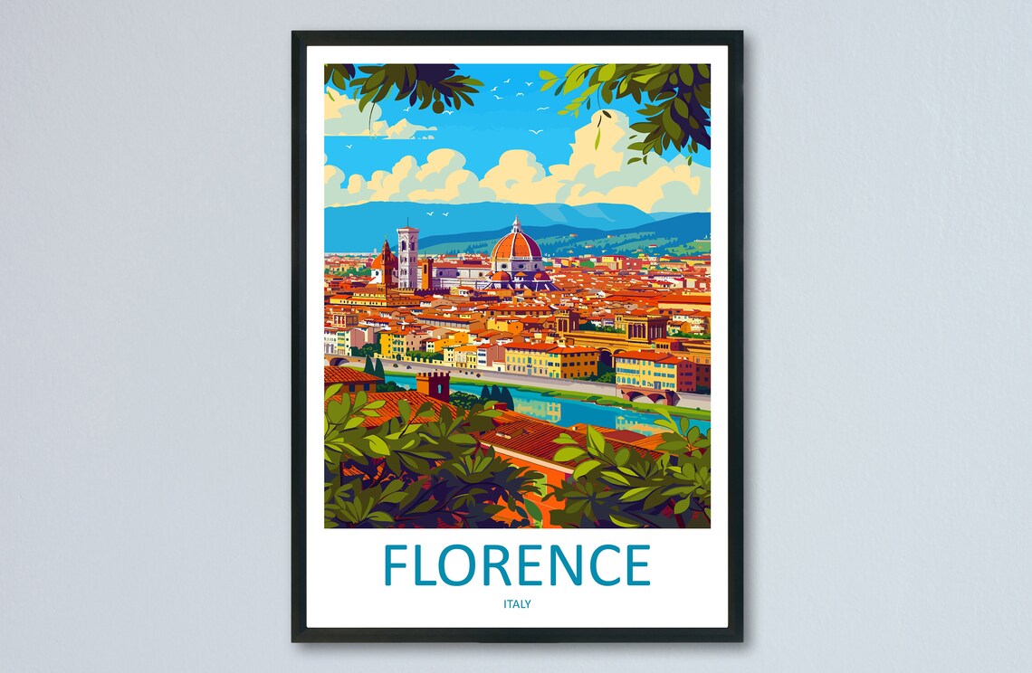 Florence Italy Skyline with Duomo and Arno River Vintage Travel Poster - Image 3