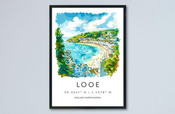 Looe Watercolor Poster Cornwall Travel Print Wall Art Home Decor Gift Lovers Uk Fishing Town