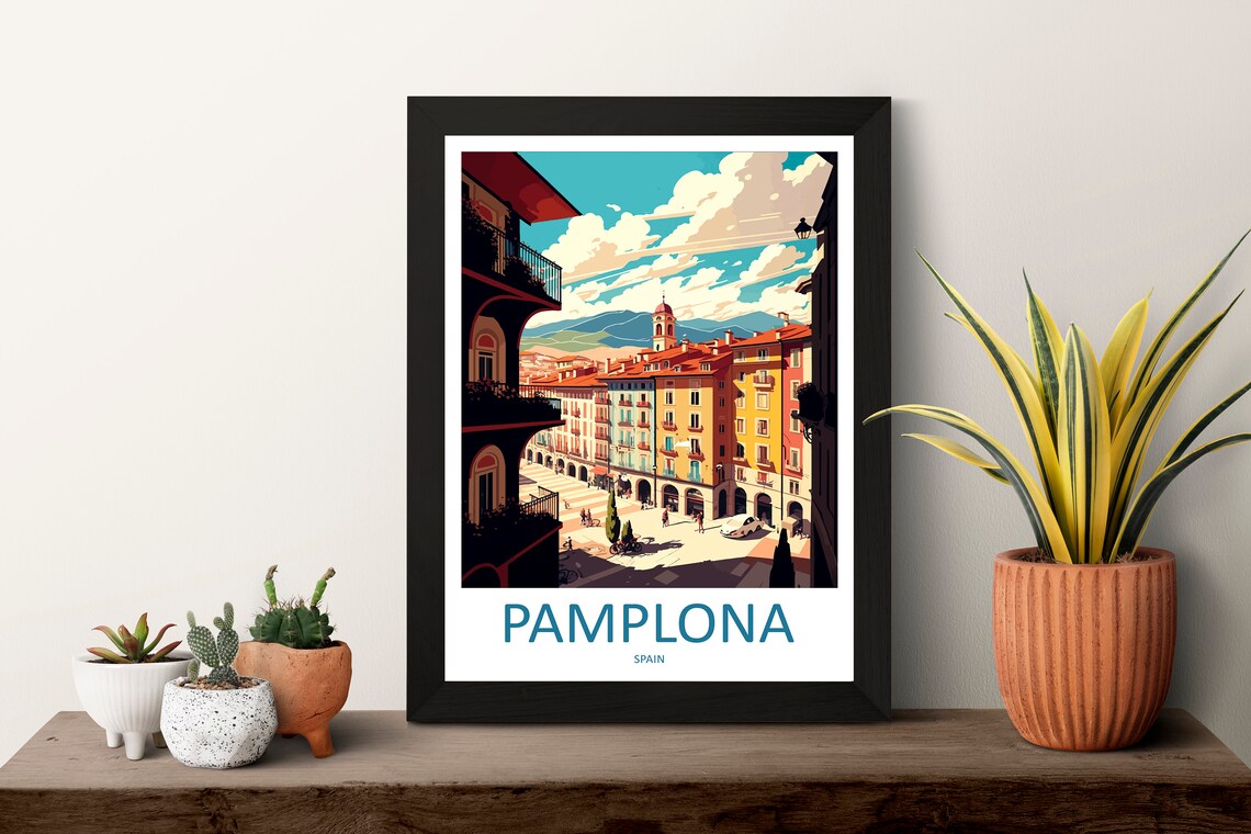 Pamplona Spain Old Town Poster with Colorful Plaza Balconies - Image 3