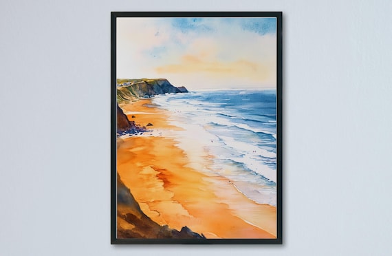 Bude Golden Sandy Beach Cliffs Atlantic Waves Watercolor Poster