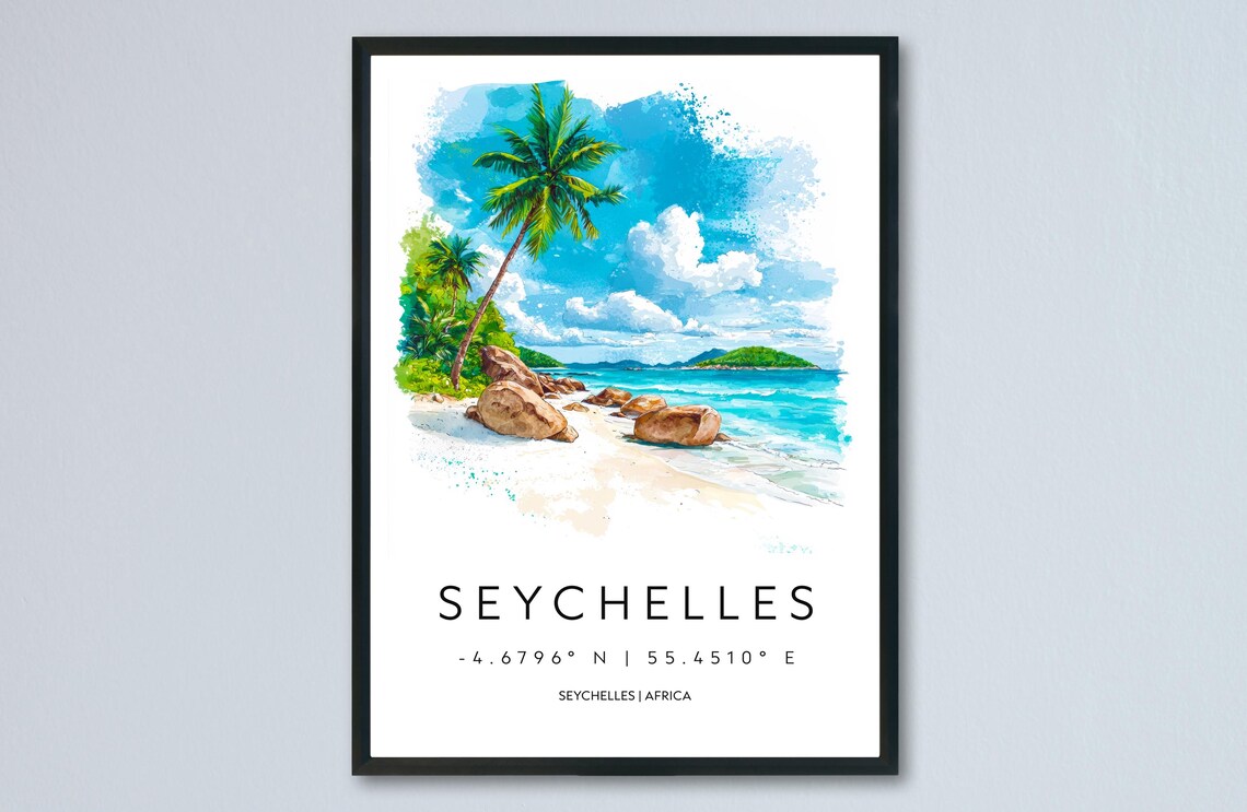 Seychelles Island Beach Watercolor Travel Poster With Coordinates