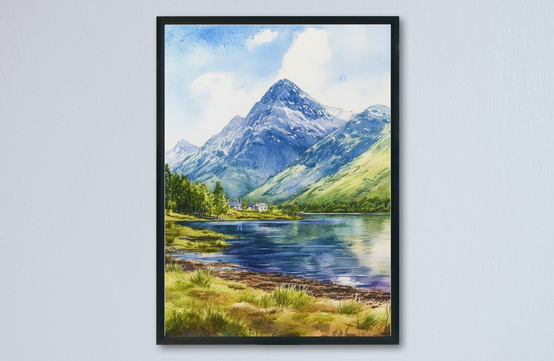 Ben Nevis Scotland Highlands Snowy Peak and Lake Watercolor Poster