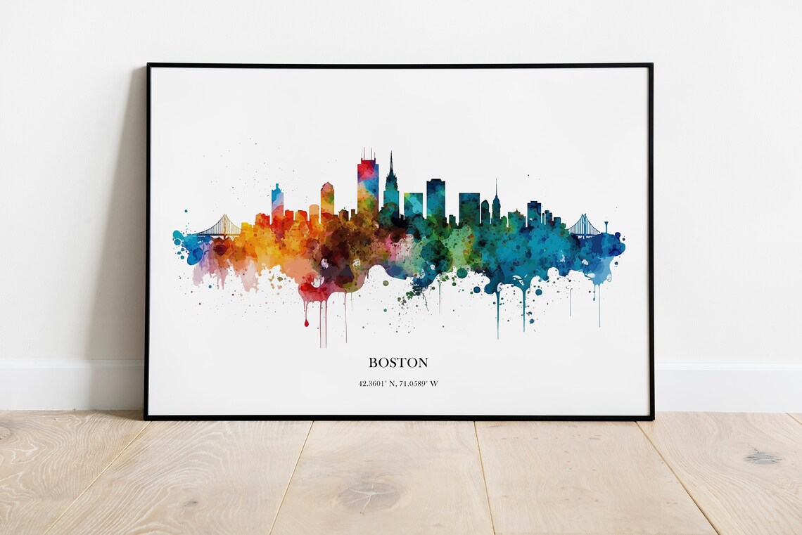 Boston Watercolor Skyline Poster with Colorful City Coordinates