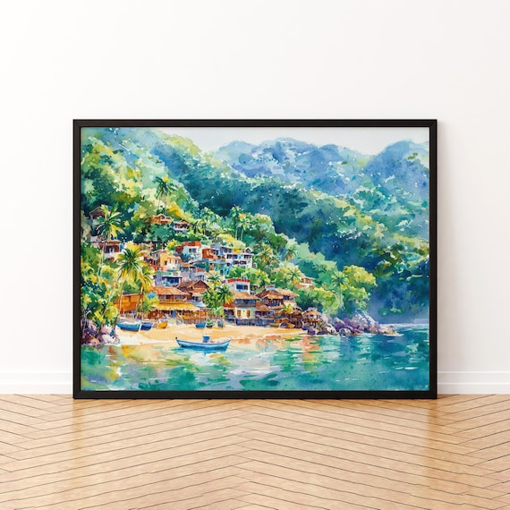 Yelapa Mexico Tropical Beach Village Watercolor Coastal Art Poster