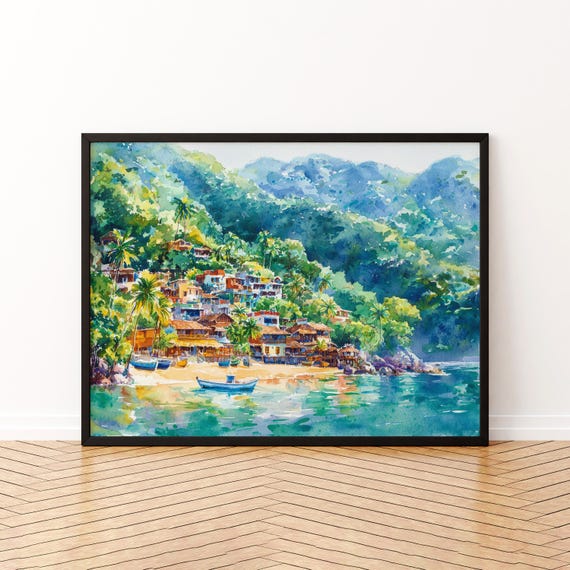 Yelapa Mexico Watercolor Poster Travel Print Beach Landscape Painting Coastal Wall Art Pacific Coast Souvenir