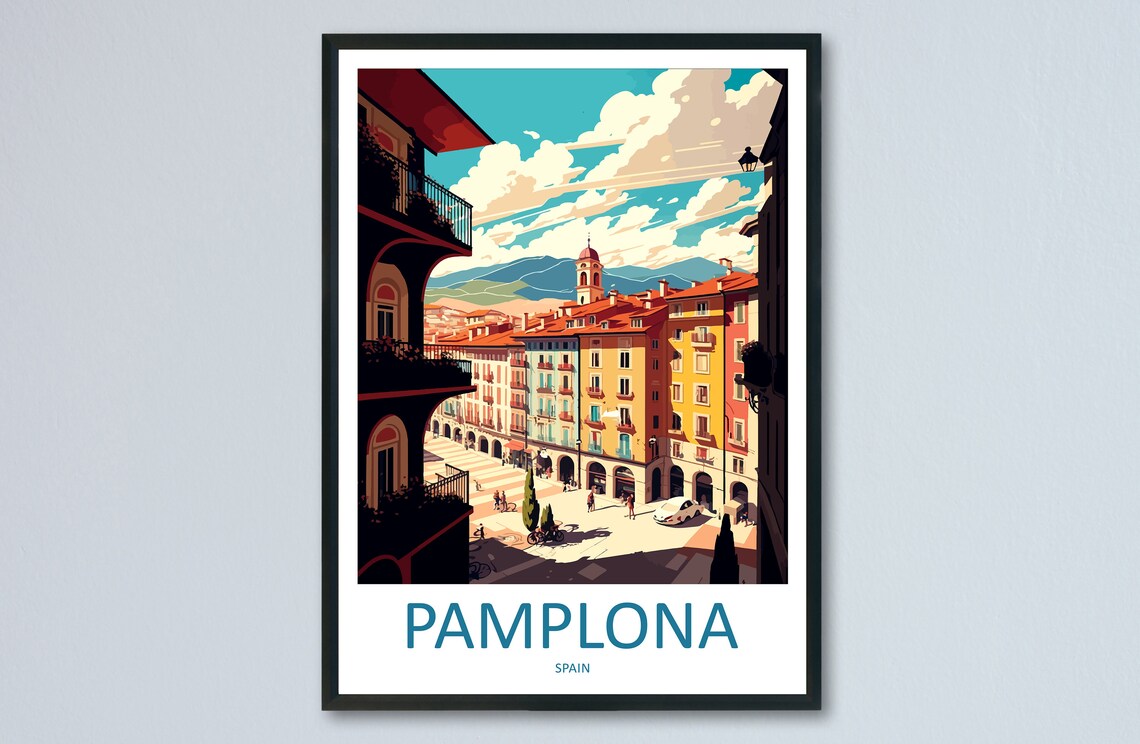 Pamplona Spain Old Town Poster with Colorful Plaza Balconies