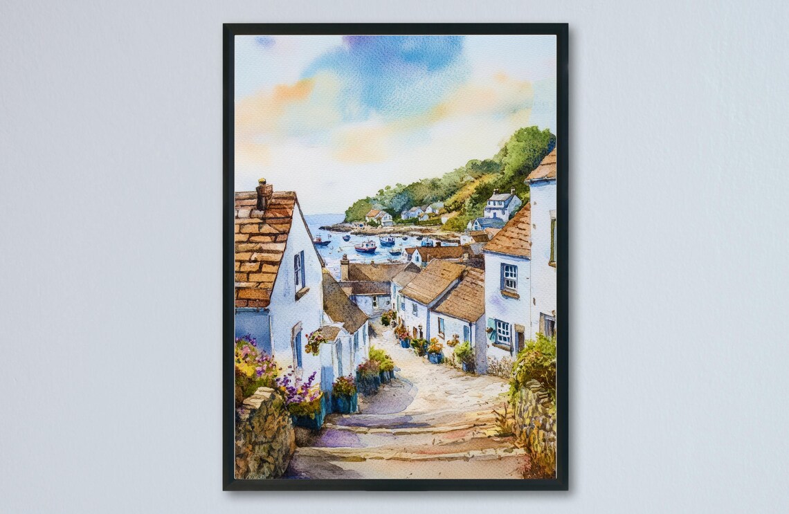 Mevagissey Cornwall White Cottages Flower Baskets Harbour Steps Poster
