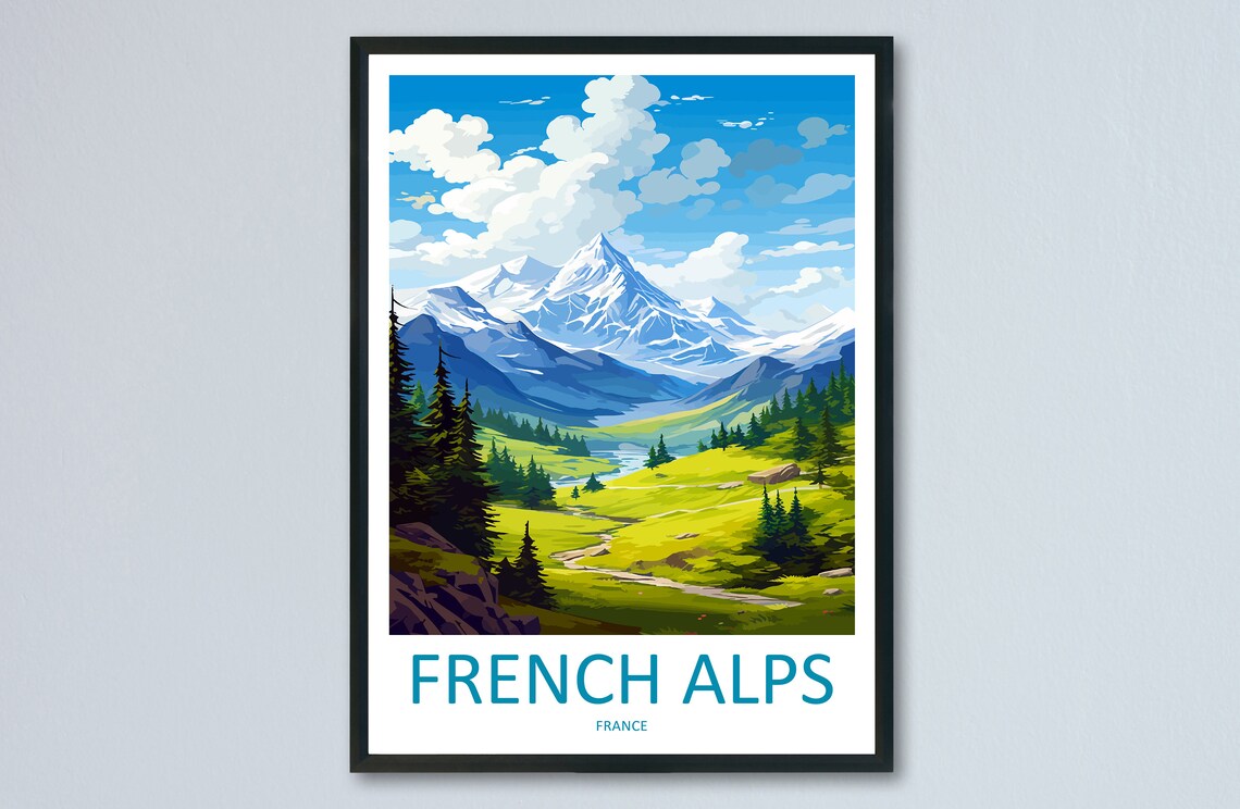 French Alps France Vintage Travel Poster Snowy Mountain Illustration