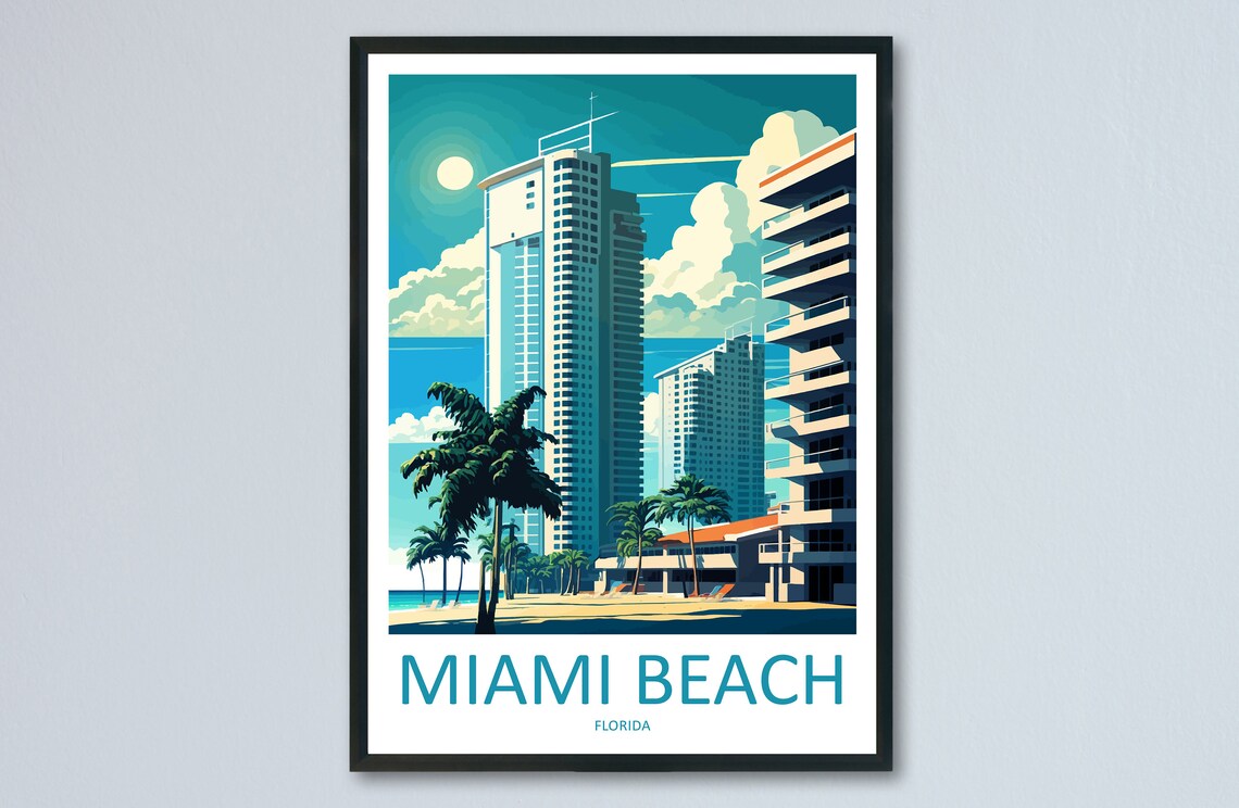 Miami Beach Florida Art Deco Palms Ocean Vintage Travel Poster
