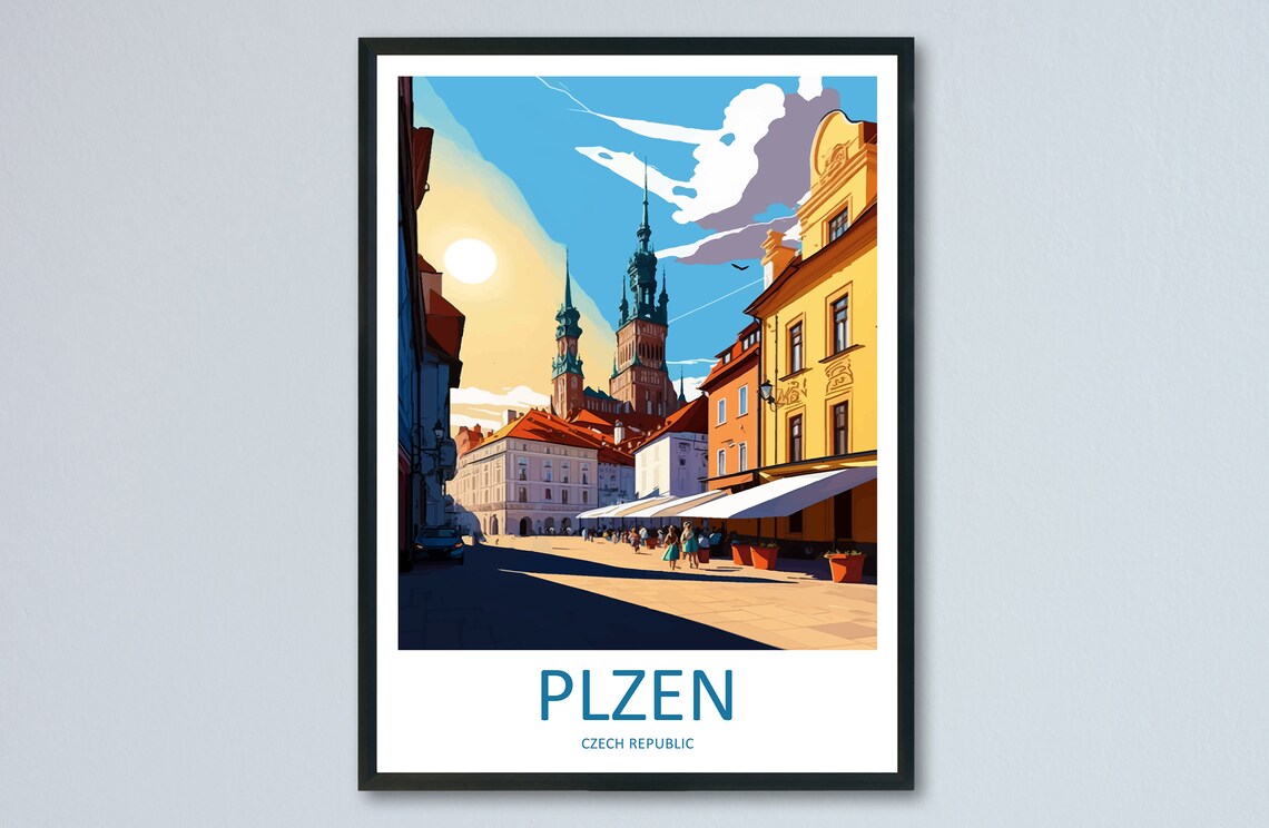 Plzen Czech Old Town Square Sunset Towers Travel Poster Europe