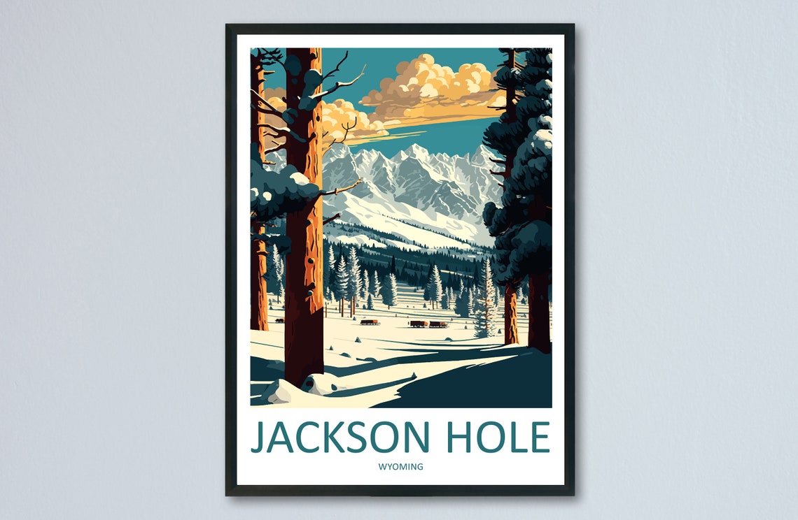 Jackson Hole Wyoming Snowy Valley Pine Forest Winter Travel Poster