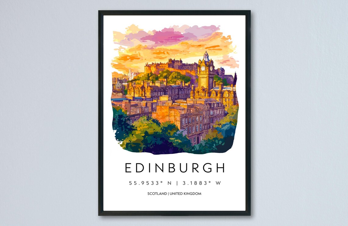 Edinburgh Scotland Castle Skyline Golden Sunset Watercolor Poster