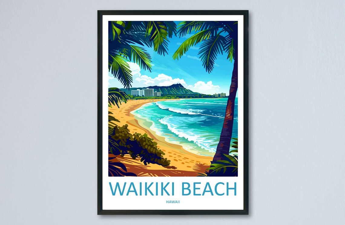 Waikiki Beach Travel Poster, Hawaii Place Art