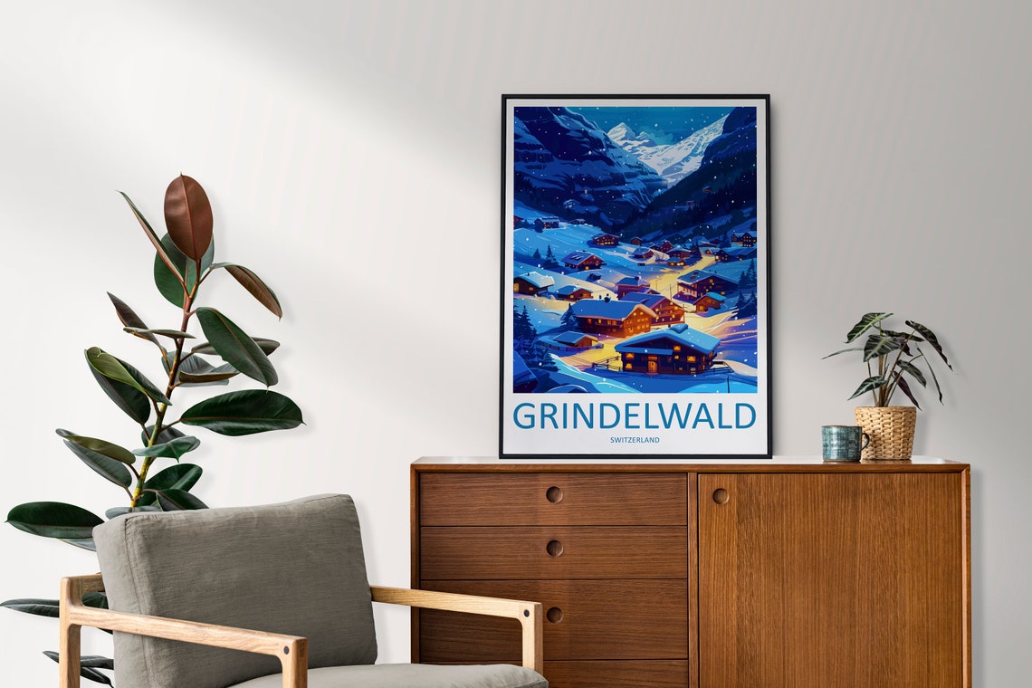 Grindelwald Switzerland Snowy Village Glowing Night Travel Poster - Image 2