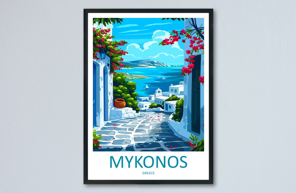 Mykonos Greece White Alley Bougainvillea Aegean Sea View Poster