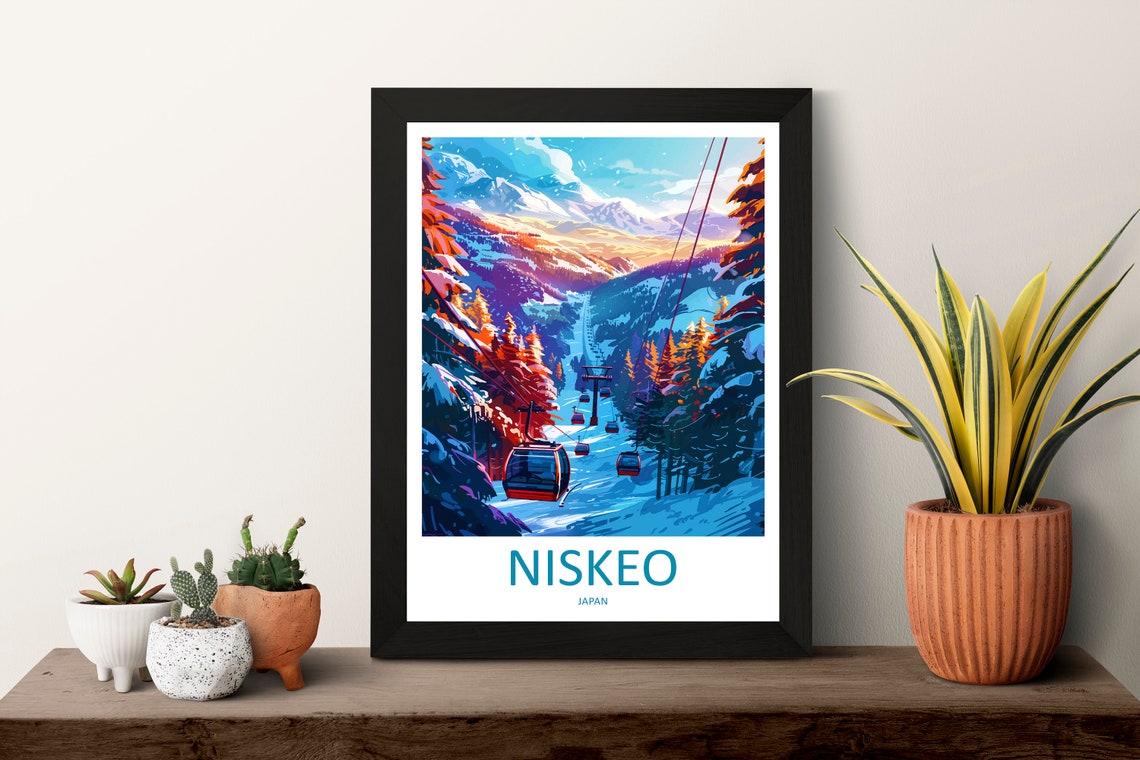 Niseko Japan Gondola at Sunset Mountain Peak Illustrated Travel Poster - Image 3