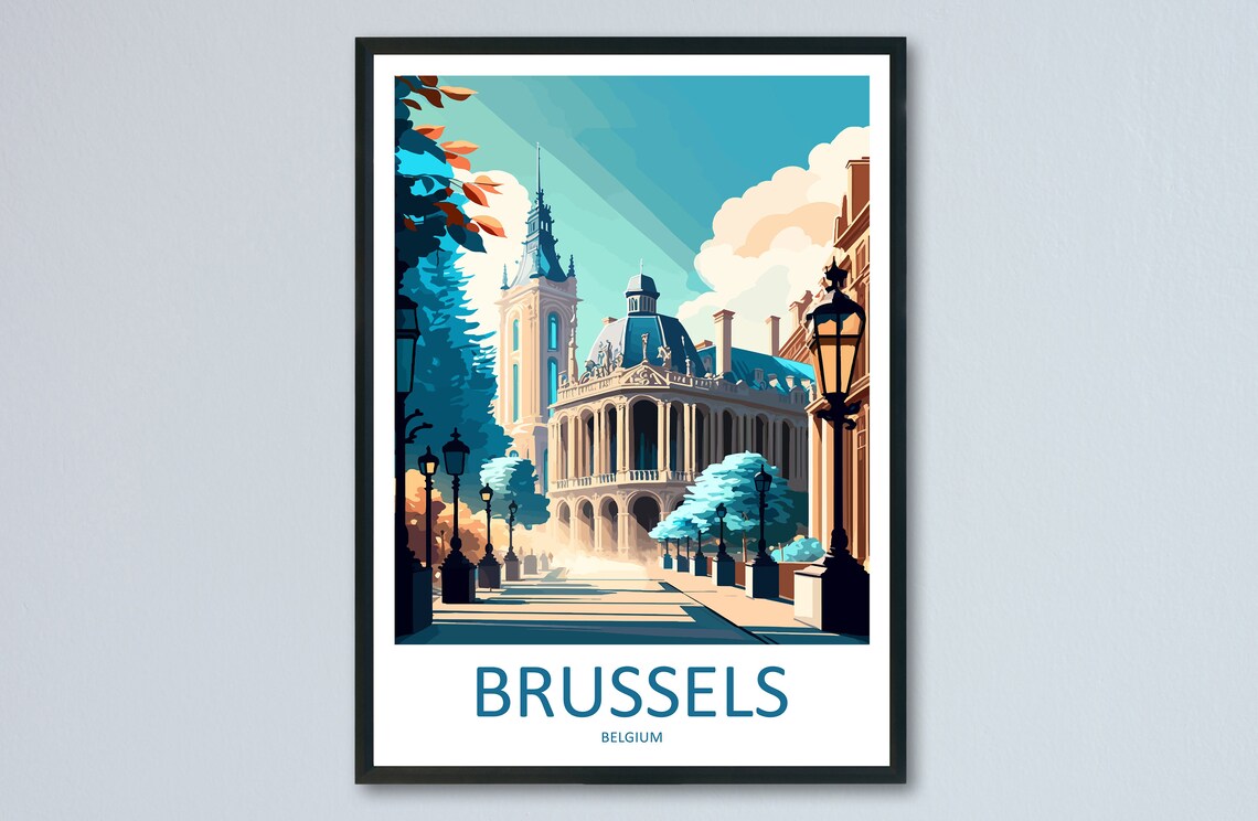 Brussels Belgium Grand Palace Street Scene Vintage Travel Poster
