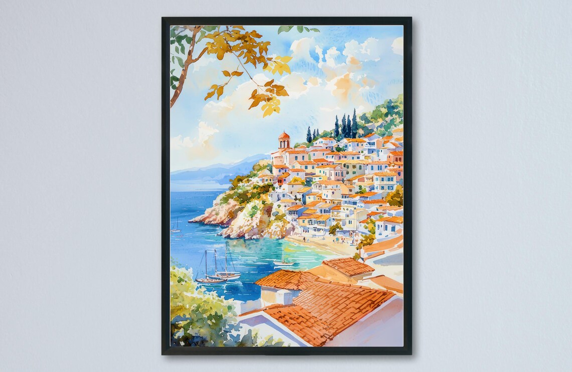 Parga Greece Watercolor Coastal Village Poster Summer Seaside Art