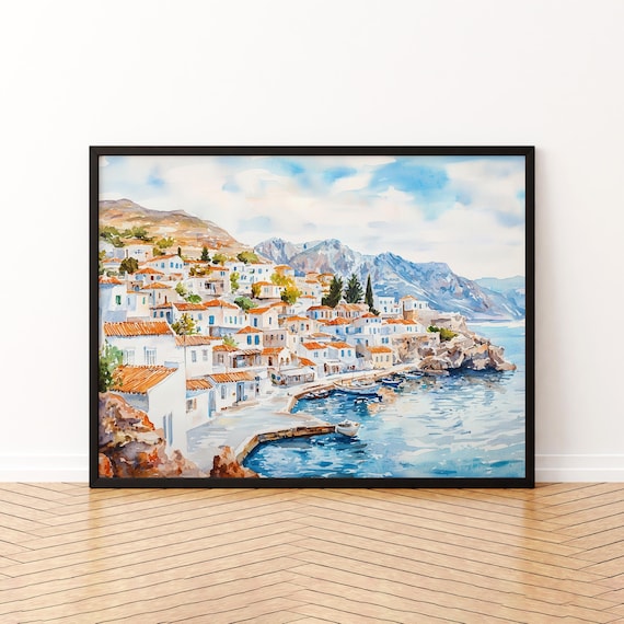 Hydra Greece Watercolor Poster White Village Harbor And Mountain View Art