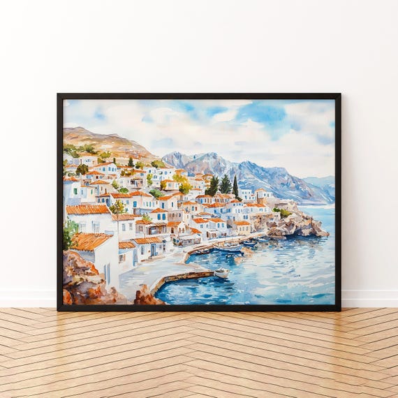 Hydra Watercolor Poster Wall Art Hanging Home Dcor Gift Lovers Greece