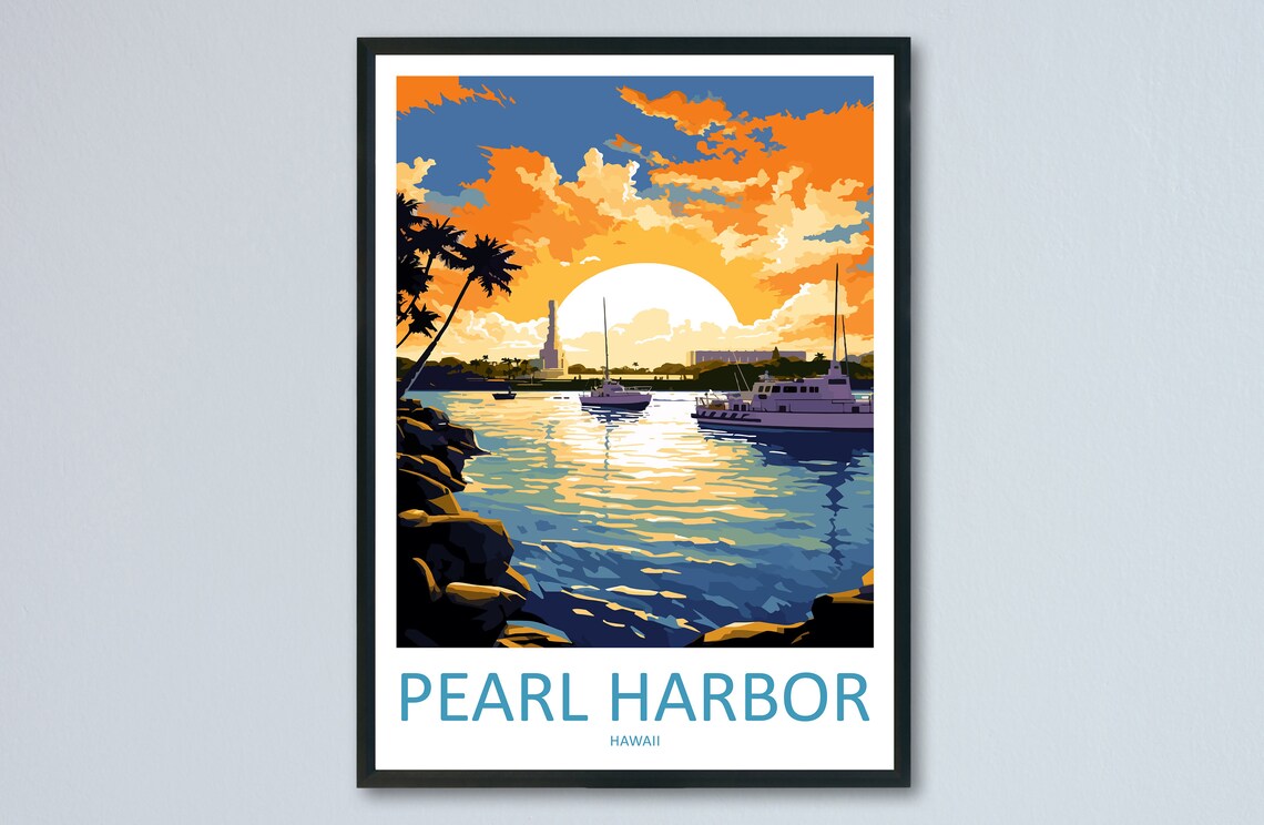 Pearl Harbor Hawaii Sunset Boats Silhouette Harbor Scene Poster