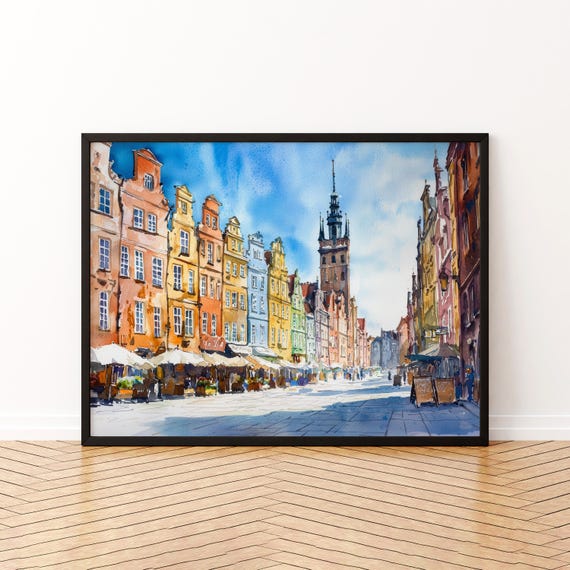 Gdask Poland Watercolor Poster Gdansk Travel Print Old Town Painting Baltic Port Wall Art Europe Decor Souvenir