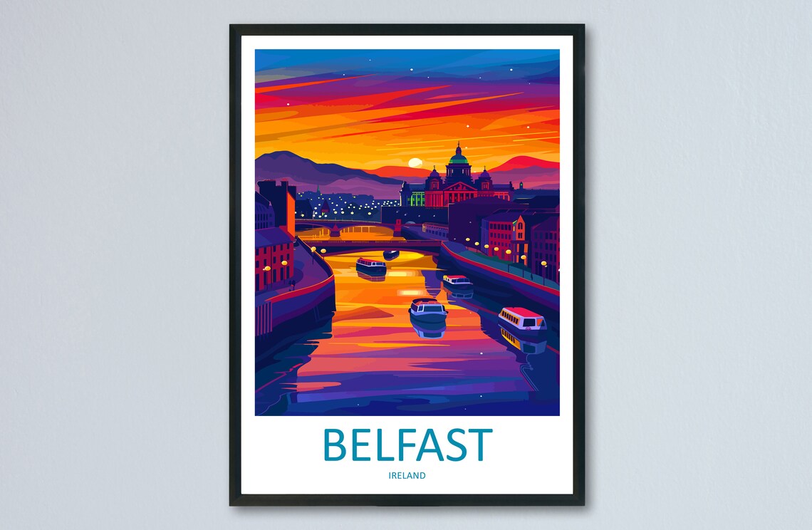 Belfast Ireland Golden Sunset River Lagan Cityscape Travel Poster