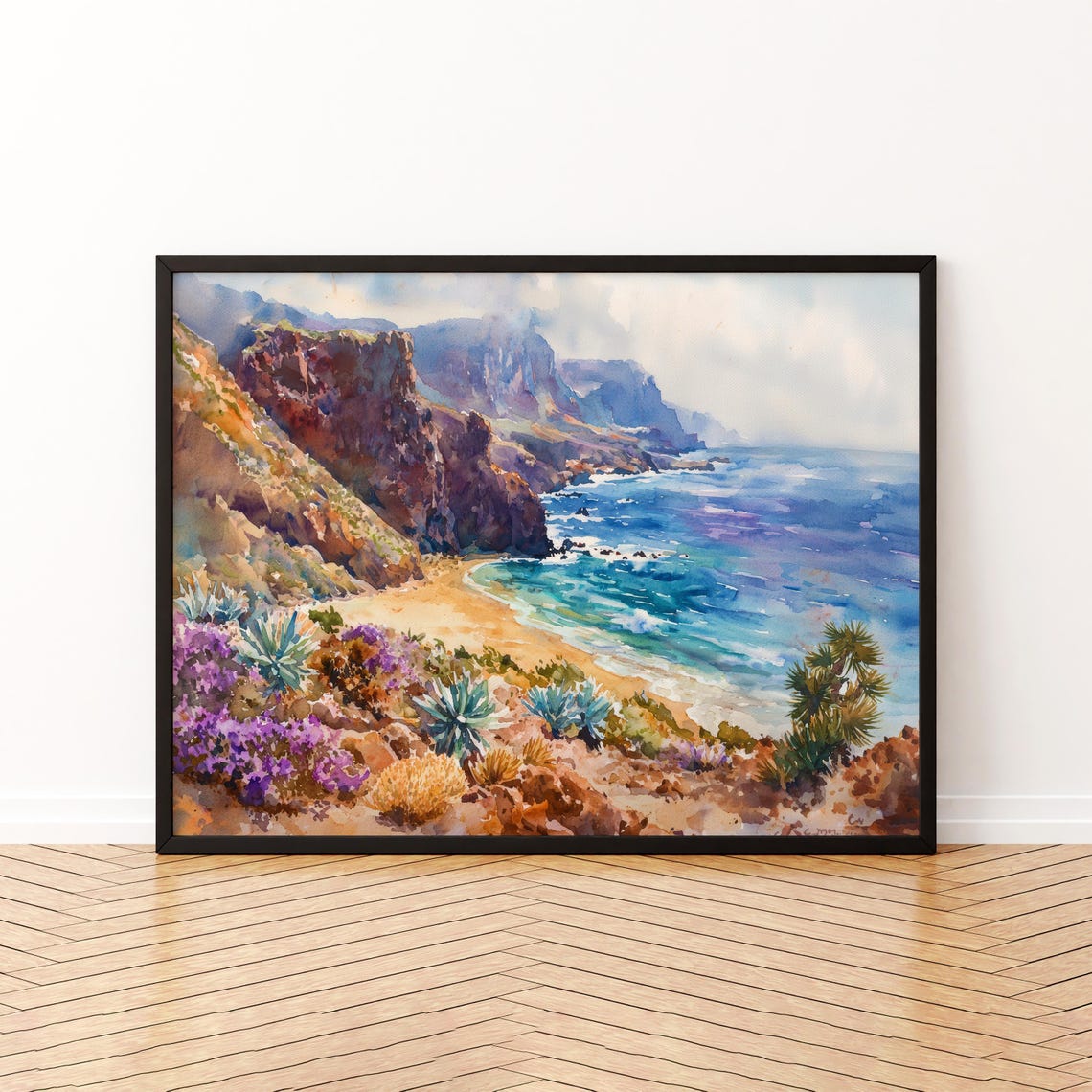 Tenerife Rocky Cliffs Watercolor Canary Islands Coast Scene Poster