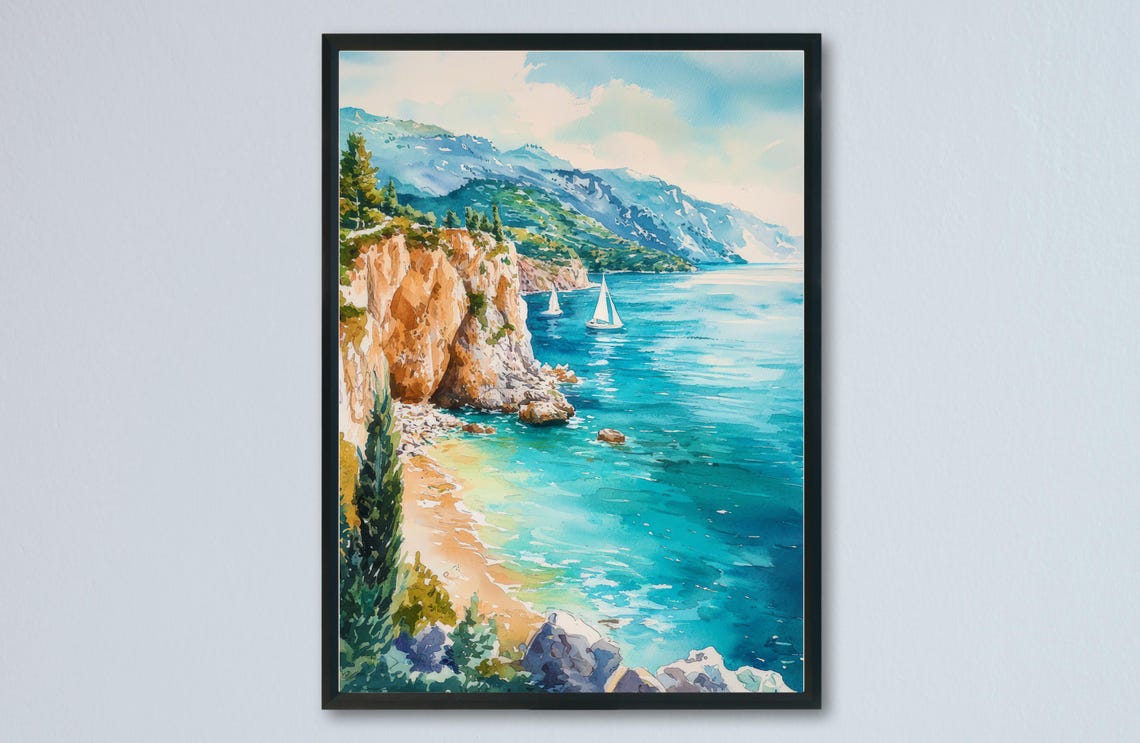 Lefkada Greece Watercolor Coastal Cliffs Turquoise Sea Travel Poster