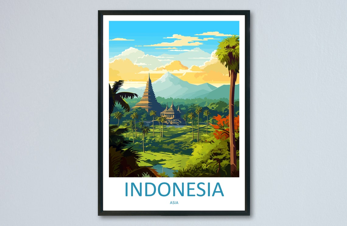 Indonesia Temples Rice Terraces Volcano Jungle Travel Poster