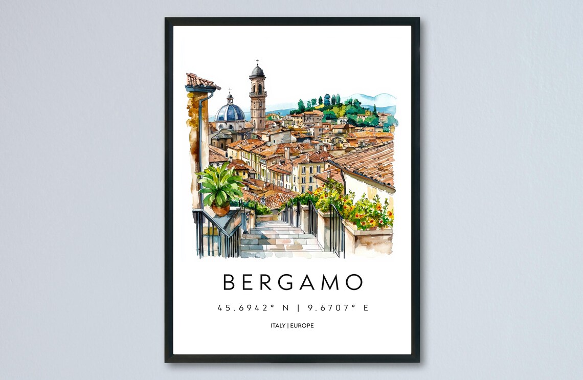 Bergamo Italy Old Town Rooftops Bell Tower Watercolor Travel Poster