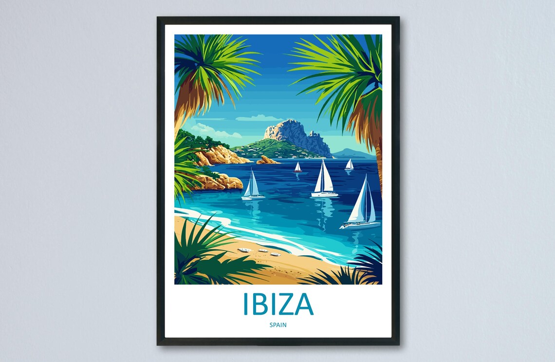 Ibiza Es Vedra Rock Island Sailboats Beach Spain Travel Poster
