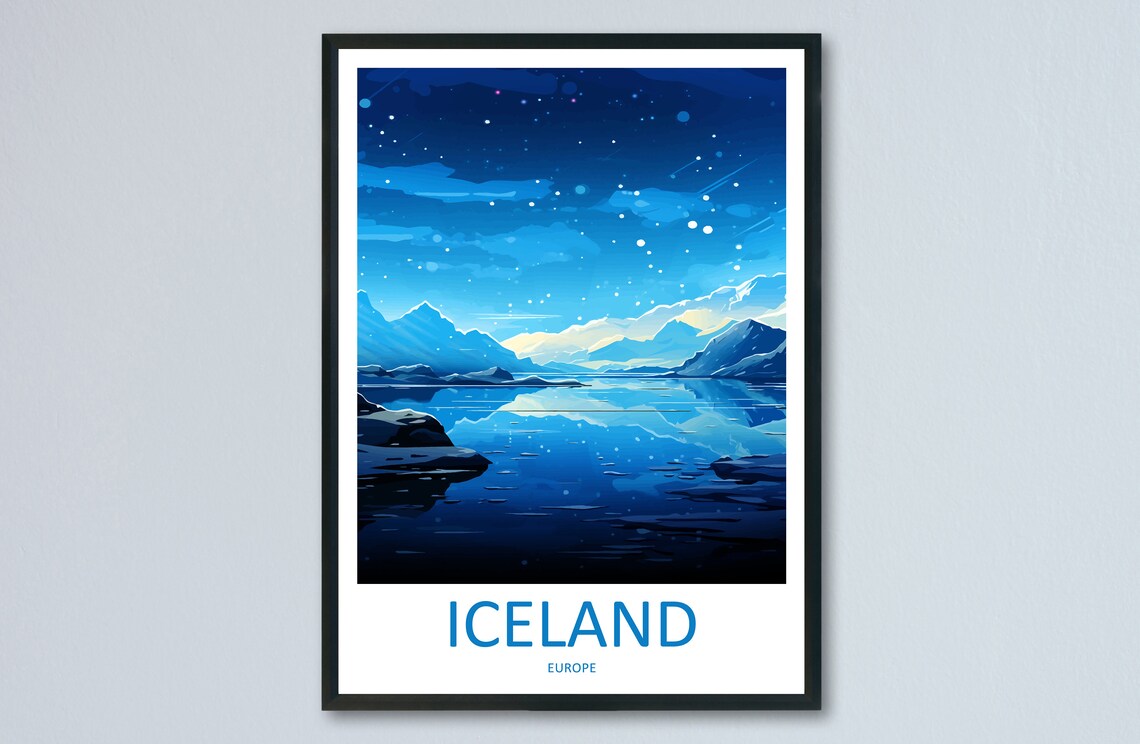 Iceland Starry Night Glacial Lake Snowy Peaks Winter View Poster