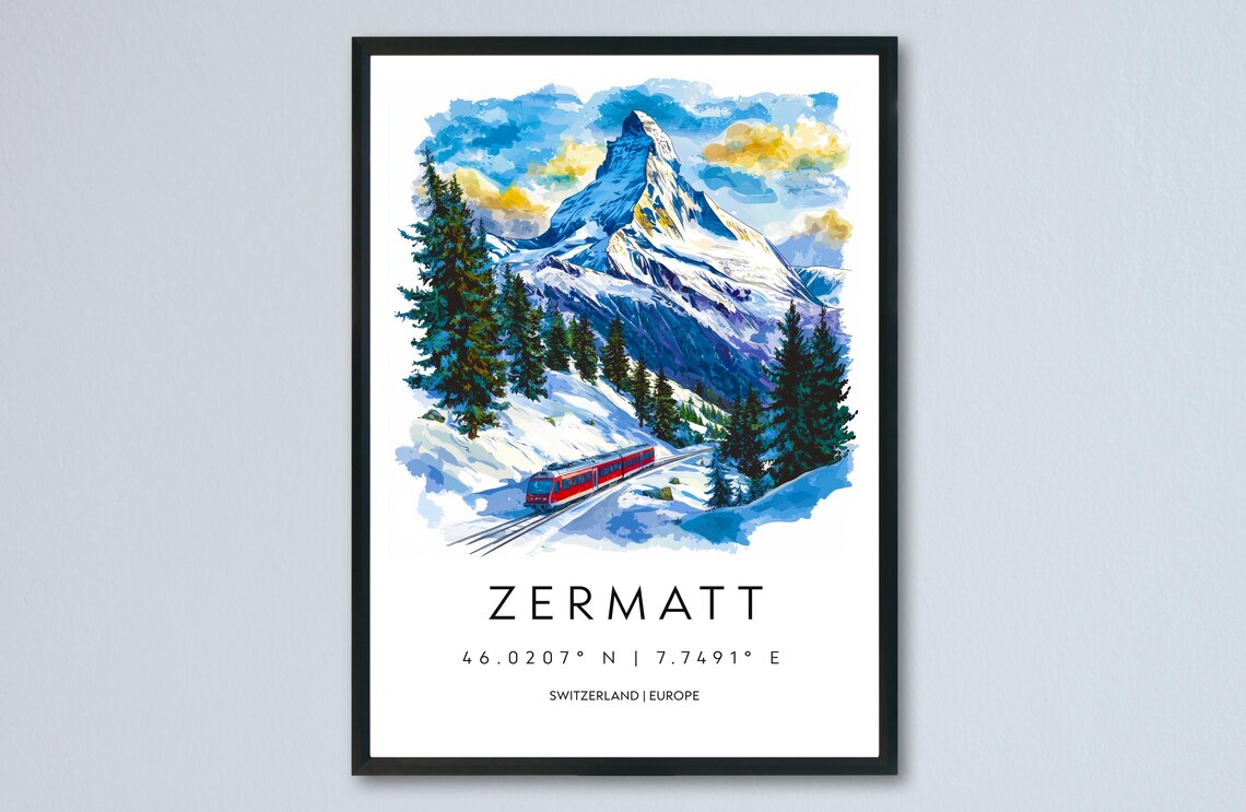 Zermatt Switzerland Matterhorn Watercolor Mountain Travel Print