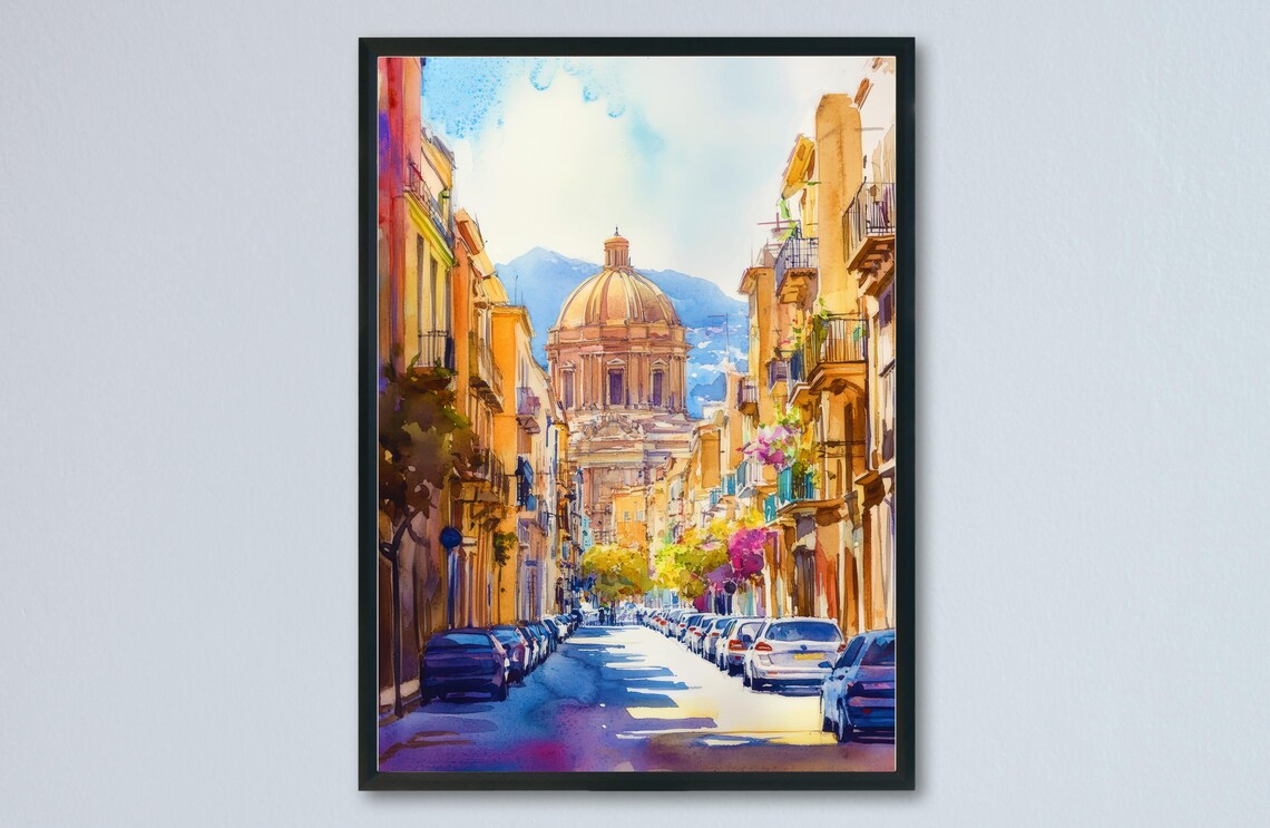 Palermo Sicily Street Watercolor Domed Church Cars Mountain View Poster